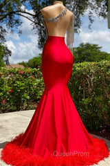 Charming Red Long Mermaid Tassel One Shoulder Satin Backless Evening Prom Dresses