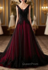 Charming Sleeveless Black and Red Lace Appliques Beaded Party Dresses, Low Back Evening Prom Dresses