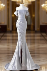 Charming Sliver Mermaid Party Dresses, Sliver Off Shoulder Long Evening Prom Dresses With Leg Slit