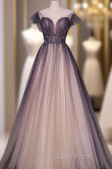 Charming Tulle Gradient Cap Sleeves Long Party Dresses, A-Line Evening Gown