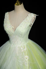 Charming Tulle Lace Green Evening Prom Dresses, V-Neck Sleeveless Floor-Length Evening Dresses