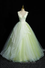 Charming Tulle Lace Green Evening Prom Dresses, V-Neck Sleeveless Floor-Length Evening Dresses