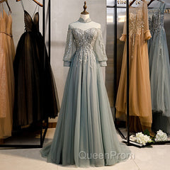 Charming Tulle Long Sleeves Beaded and Lace Long Party Dresses, A-line Tulle Evening Gown