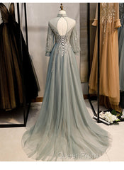Charming Tulle Long Sleeves Beaded and Lace Long Party Dresses, A-line Tulle Evening Gown