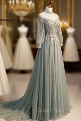 Charming Tulle Long Sleeves Beaded and Lace Long Party Dresses, A-line Tulle Evening Gown