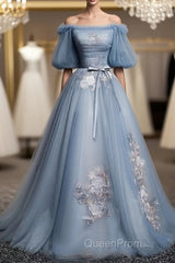Charming Tulle Puffy Sleeves Long Formal Gown, Evening Prom Dresses