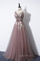 Charming V-neckline Flowers Dark Pink Evening Prom Gown, Long Evening Dresses