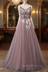 Charming V-neckline Flowers Dark Pink Evening Prom Gown, Long Evening Dresses