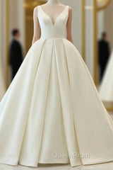 Charming White Ball Gown Satin V-neck Backless Wedding Dresses