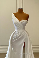 Charming White Long Mermaid One Shoulder Satin Beading Formal Evening Prom Dresses