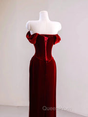Charming Wine Red Mermaid Off Shoulder Velvet Formal Dresses, Wine Red Long Evening Prom Dresses
