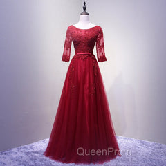 Charming Wine Red Short Sleeves Lace Applique Wedding Party Dresses, Evening Gown