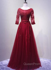 Charming Wine Red Short Sleeves Lace Applique Wedding Party Dresses, Evening Gown