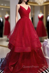 Charming Wine Red Straps Sweetehart Layers Tulle Evening Prom Dresses, Long Party Dresses
