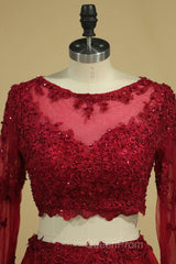 Cheap Burgundy Two-Piece Evening Prom Dresses A Line Satin Lace Applique