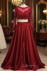 Cheap Burgundy Two-Piece Evening Prom Dresses A Line Satin Lace Applique
