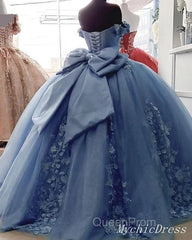 Cheap Dusty Blue Quinceanera Dresses Floral Sweet 16 Princess Dresses
