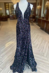 Cheap Meremaid Iridescent Sequin Evening Prom Dresses Cheap V Neck Long Formal Dresses