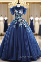 Check Out Entire Collection Navy Blue Ball Gown Tulle Embrodiery Backless Quinceanera Dresses