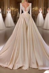 Chic A-Line Cathedral V-Neck Long Wedding Dresses With Long Sleeves