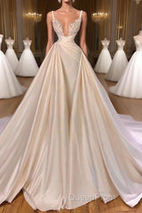 Chic A-Line Sleeveless Spaghetti Strap Cathedral V-Neck Long Wedding Dresses