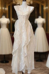 Chic A Line Straps Floral White Ankle Length Birthday Dresses Birthday Outfits