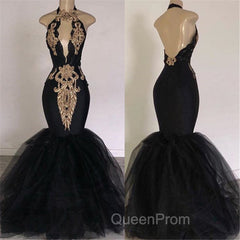 Chic Backless Evening Prom Dresses with Gold Appliques Mermaid Halter Evening Gowns with Keyhole