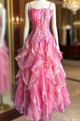 Chic Ball Gown Spaghetti Straps Pink Satin Evening Dresses Long Evening Prom Dresses With Embroidered