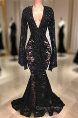 Chic Black Lace V-neck Long Sleevess Mermaid Evening Prom Dresses Sheer Floor Length Evening Gowns