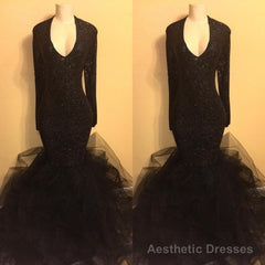 Chic black sequins prom dress, ruffles evening dress