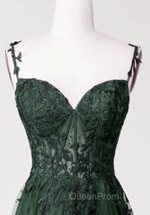 Chic Green Straps Tulle with Lace Party Dresses, A-line Sweetheart Floor Length Evening Prom Dresses