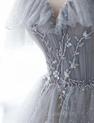 Chic Grey Beaded Layers Tulle Long Formal Dresses, Grey Off Shoulder Evening Prom Dresses