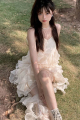 Chic High Low Spaghetti Straps Evening Prom Dresses Birthday Dresses With Ruffles