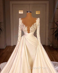 Chic Long A-line Cathedral V-neck Satin Lace Wedding Dresses With Sleeves