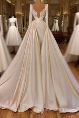 Chic Long A-line Cathedral V-neck Satin Lace Wedding Dresses With Sleeves