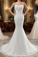 Chic Long Mermaid Strapless Lace Appliques Wedding Dresses