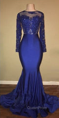 Chic Open Back Royal Blue Real Model Evening Prom Dresses Lace Long Sleeves Mermaid Evening Gown