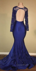 Chic Open Back Royal Blue Real Model Evening Prom Dresses Lace Long Sleeves Mermaid Evening Gown