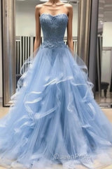 Chic Evening Prom Dresses Sweetheart Sky Blue Ruffles Aline Lace Evening Prom Dresses