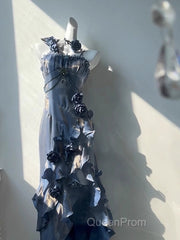 Chic Sheath Spaghetti Straps Floral Blue Long Party Dresses Birthday Outfits With Sleeves