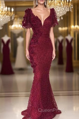 Chic V-neck Flower(s) Mermaid Evening Prom Dresses