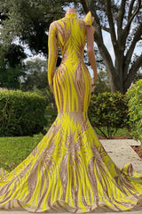 Chic Yellow Long Mermaid High Neck Tulle Lace Evening Prom Dresses with Sleeves