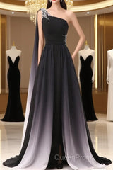 Chiffon A-Line Gradient One Shoulder Evening Dresses, Chiffon Evening Prom Dresses Party Dresses