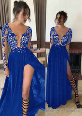 Chiffon Long/Floor-Length A-Line/Princess Full/Long Sleeve Bateau Zipper Up At Side Prom Dresses With Appliqued