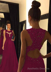 Chiffon Prom Dresses A-Line/Princess Scoop Neck Sweep Train With Appliqued Beaded