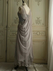 Chiffon Spaghetti Straps Transparent Beads Sweetheart Neck Grey Long Evening Prom Dresses