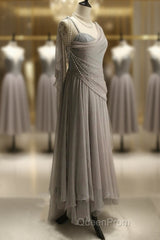 Chiffon Spaghetti Straps Transparent Beads Sweetheart Neck Grey Long Evening Prom Dresses