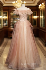 Chmpagne Pink Tulle Off the Shoulder Pearls Evening Prom Dresses