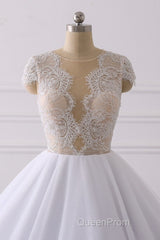 Classic Cap sleeves V neck White Ball Gown Lace Wedding Dresses