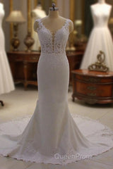 Classic Sleeveless Lace V neck Column White Court Train Wedding Dresses